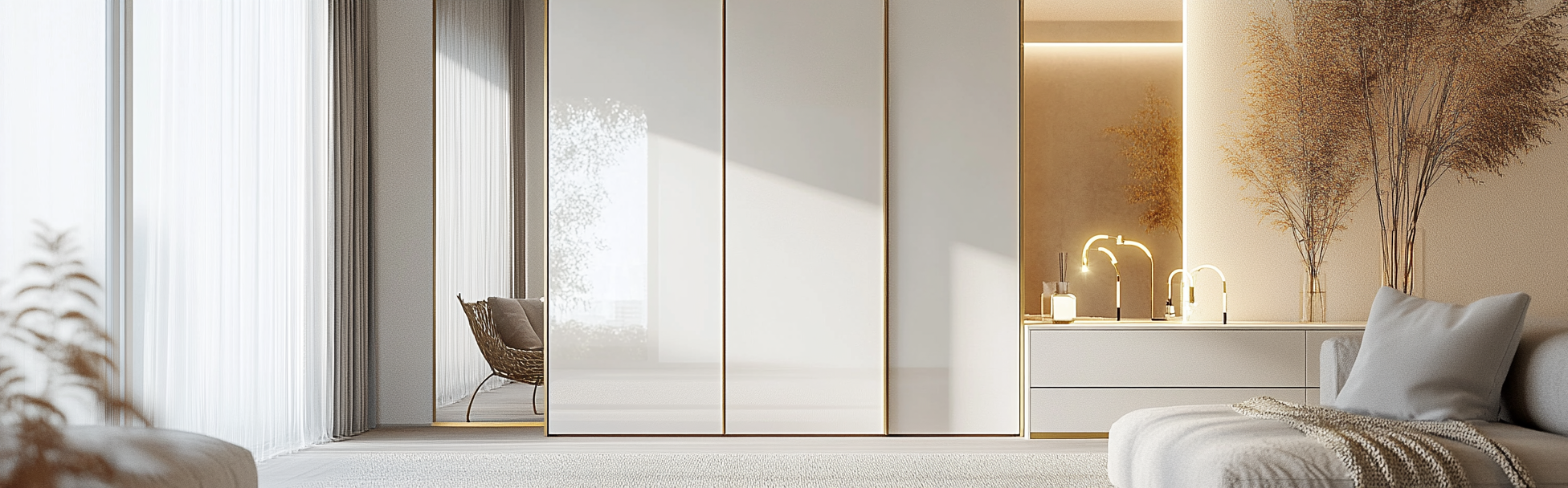 Sliding wardrobe with mirror, white and gold design.