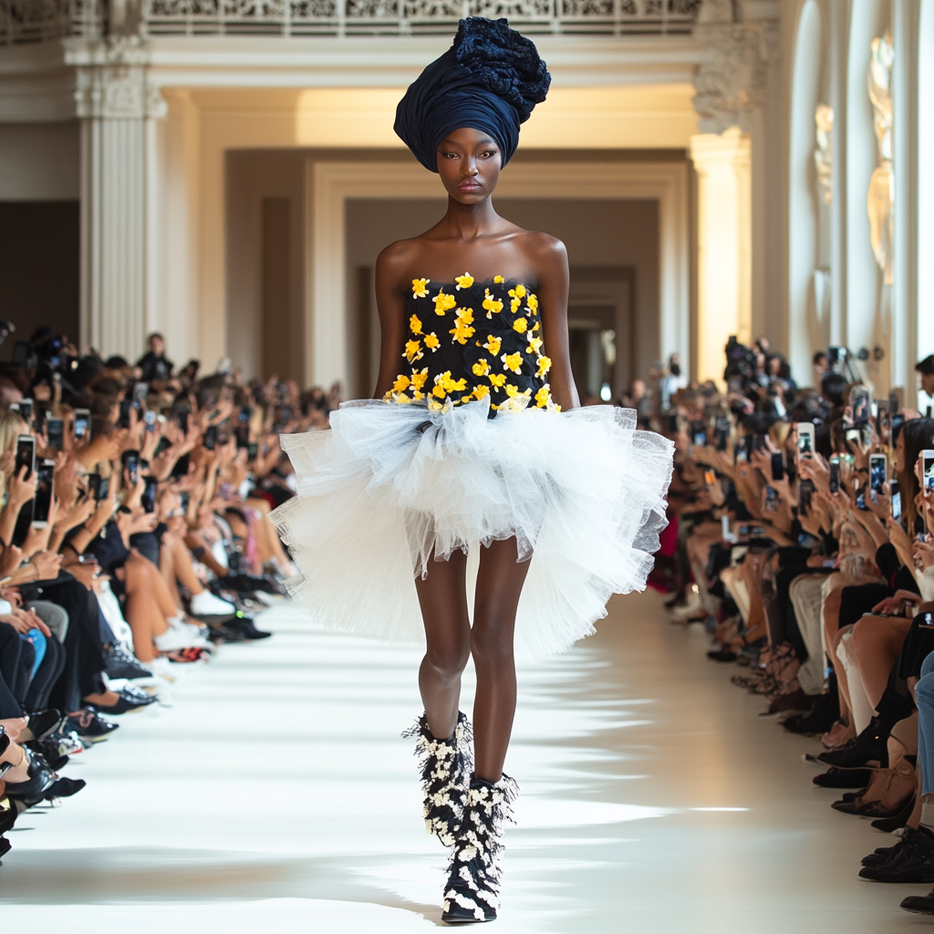 Slim black woman model in black and white outfit walking on fashion runway surrounded by photographers and audience members.