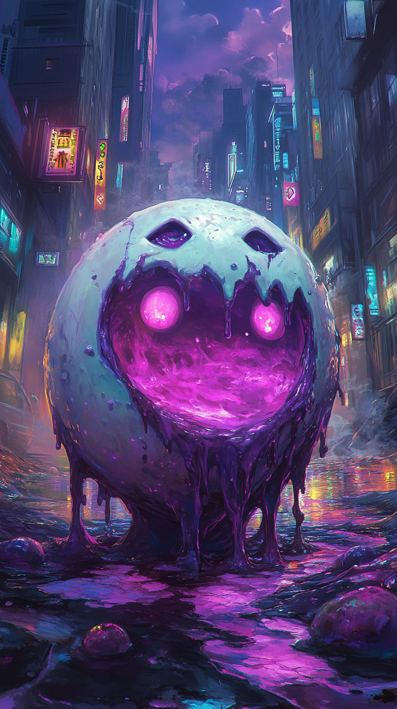 Slime creature hatching from shiny, glowing egg in city.