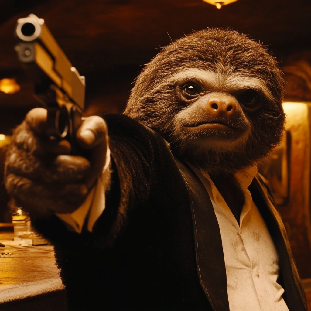 Sloth dressed as Jules from Pulp Fiction movie scene.