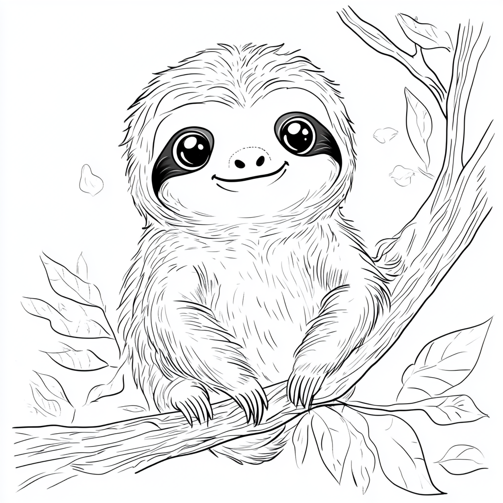 Sloth with big head, eyes in nature illustration page