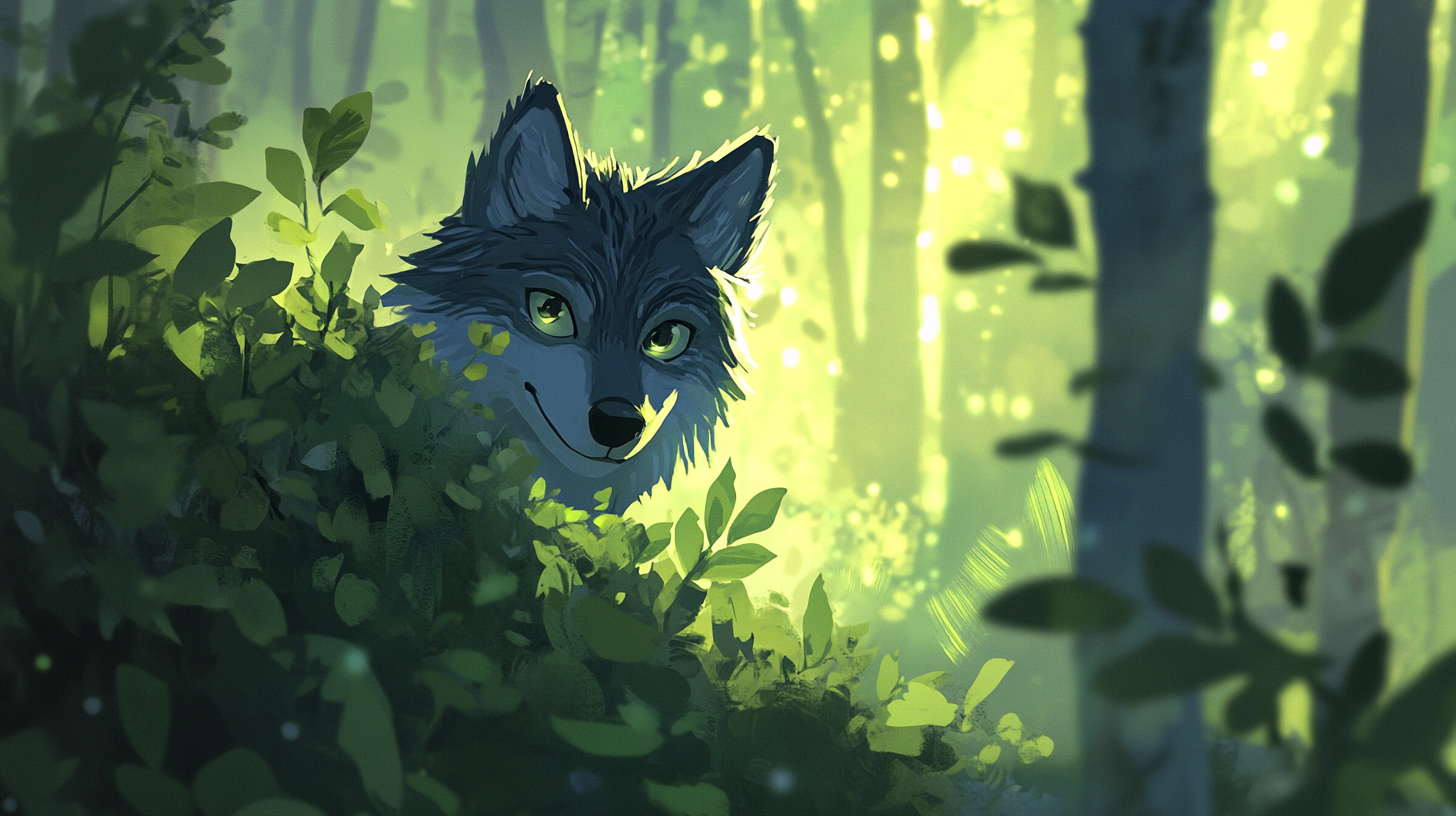 Sly, fluffy Wolf peeks from bush in deep forest.