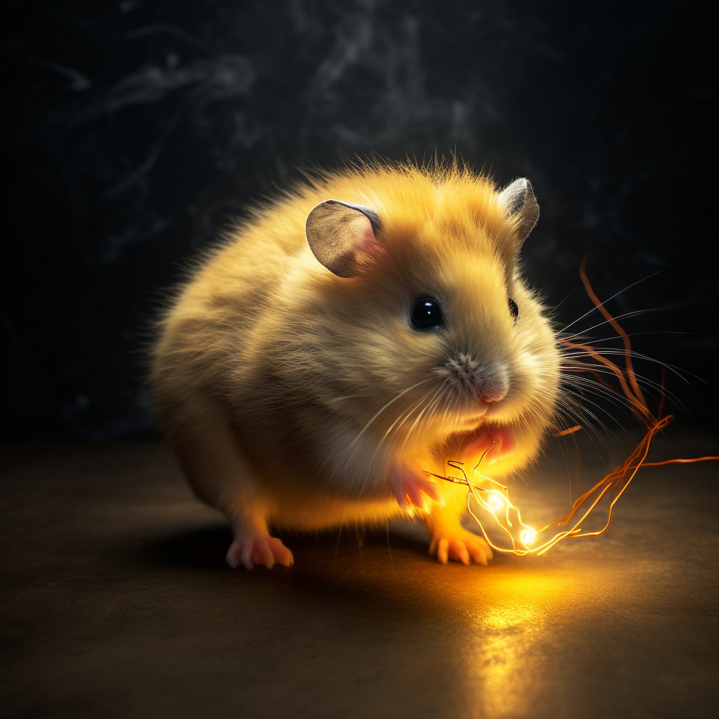 Small, energetic hamster emits electricity with large tail.