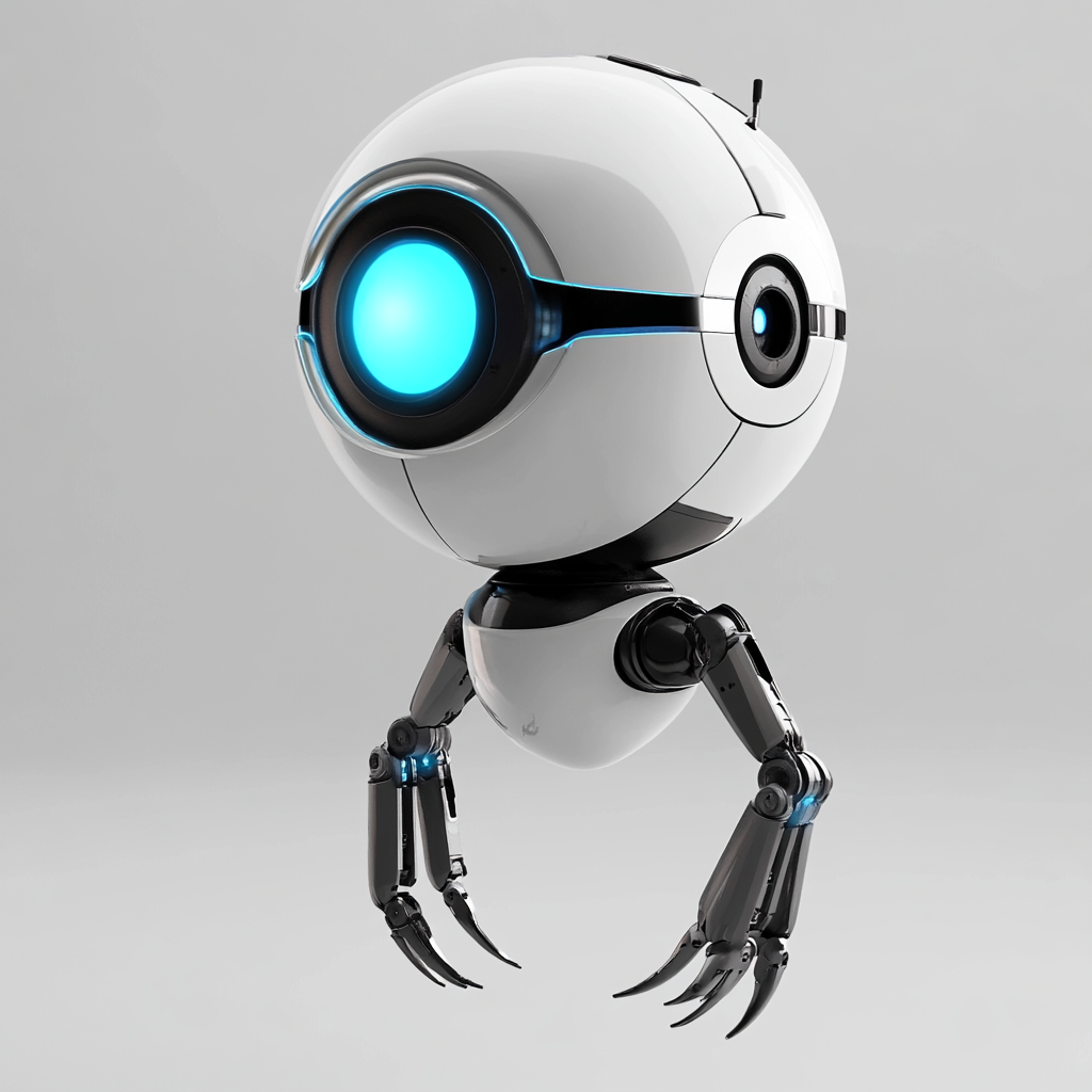 Small, floating robot with futuristic design and tools for exploration.