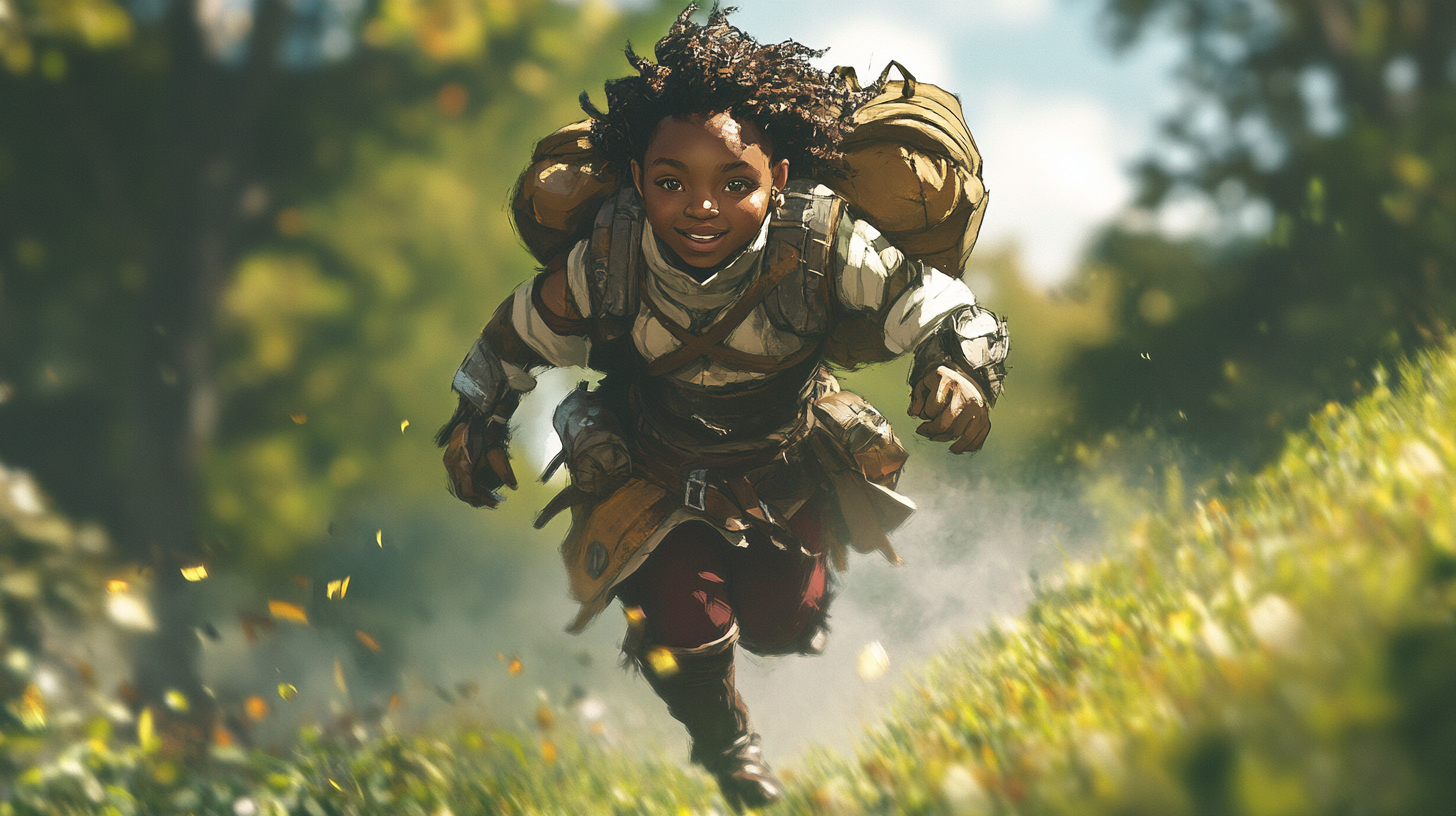 Small African American Halfling in Cleric Armour Running