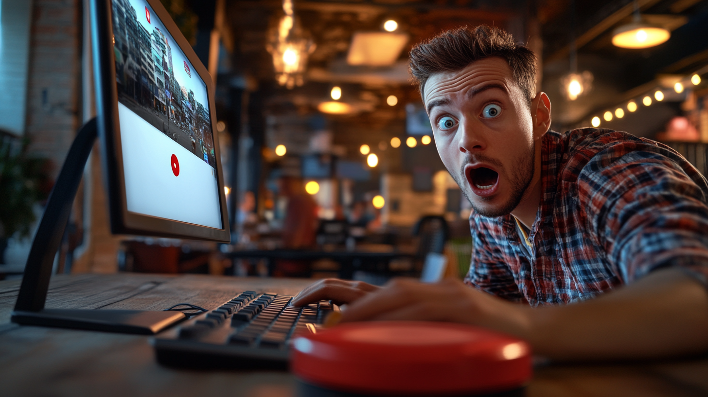 Small Business Owner Shocked Pressing Red Start Button