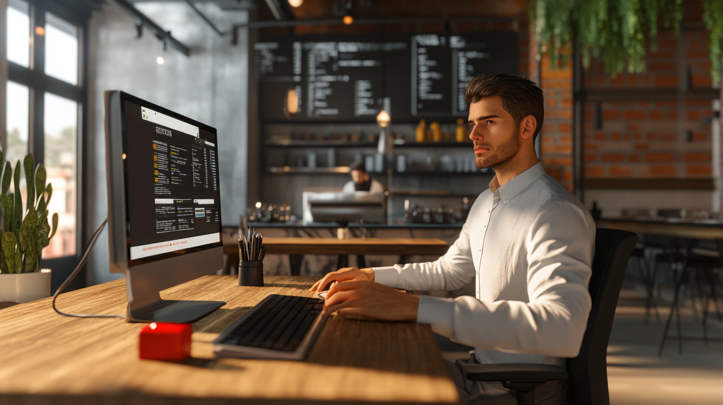 Small Business Owner in Restaurant Presses Red Start Button