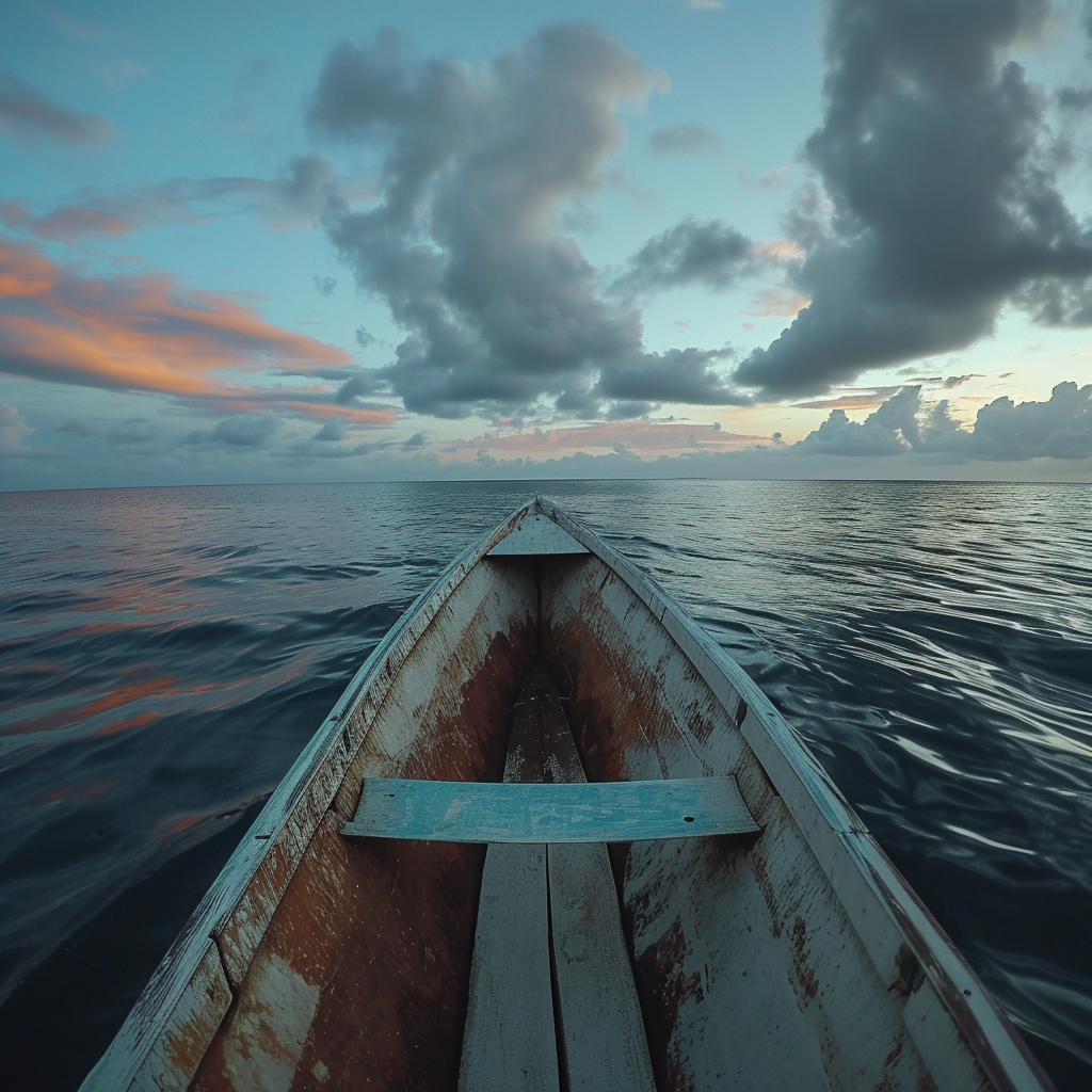 Wooden boat floating in Caribbean waters at dawn