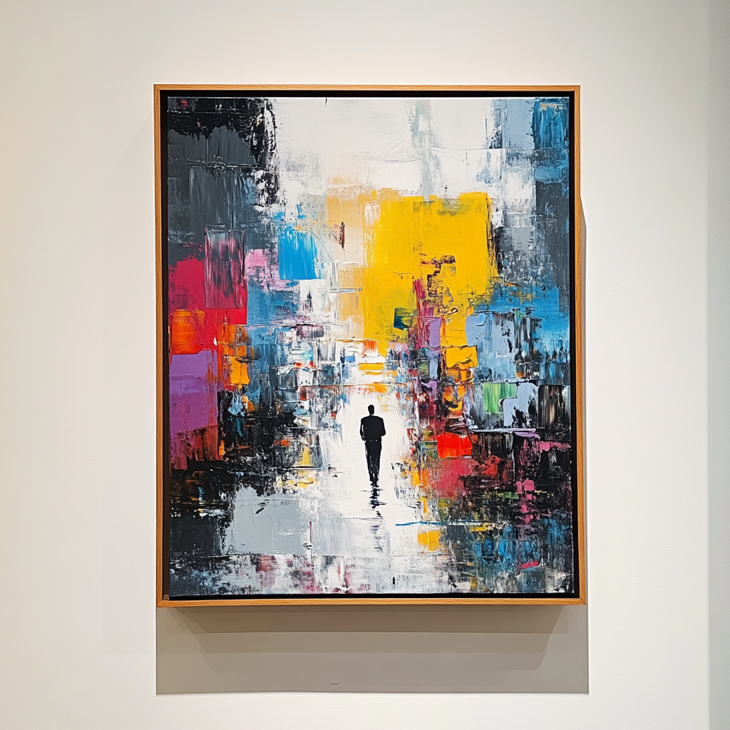 Small abstract city painting with man on wall.