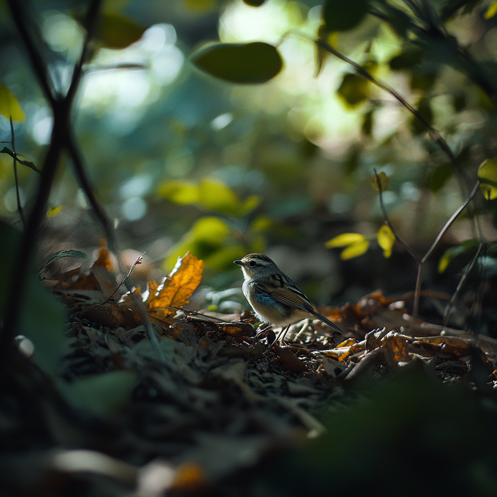 Small bird in forest with branches, leaves, realistic lighting.