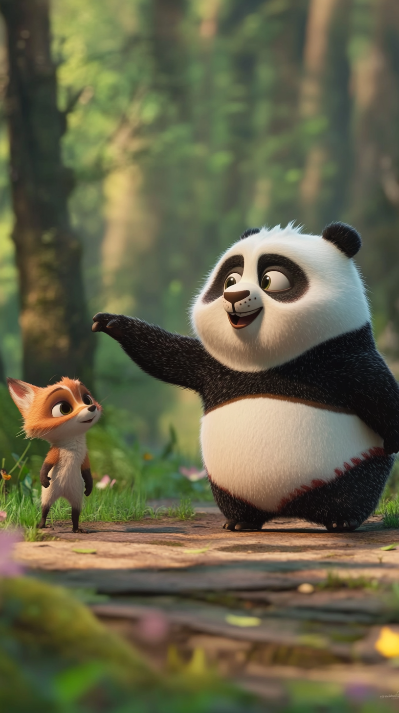 Small bird shows cute panda and fox a clue.