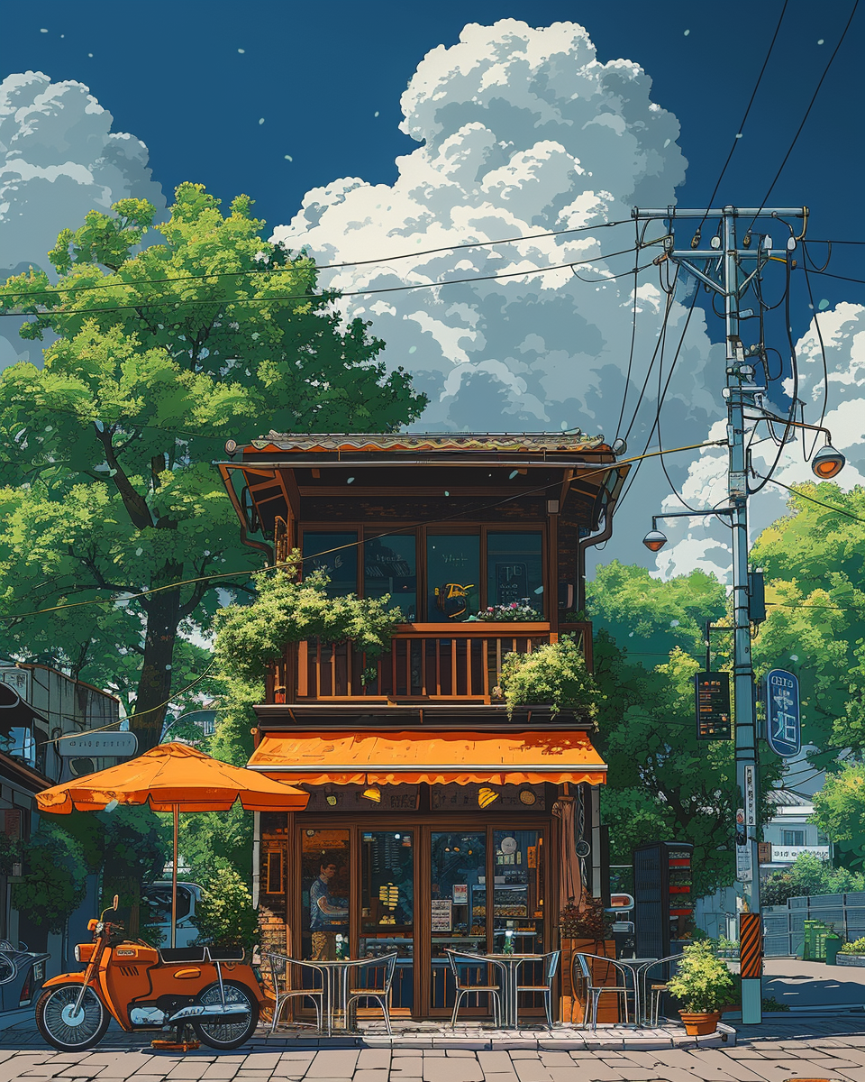 Small cafe with vintage motorbike, people enjoying coffee outside.