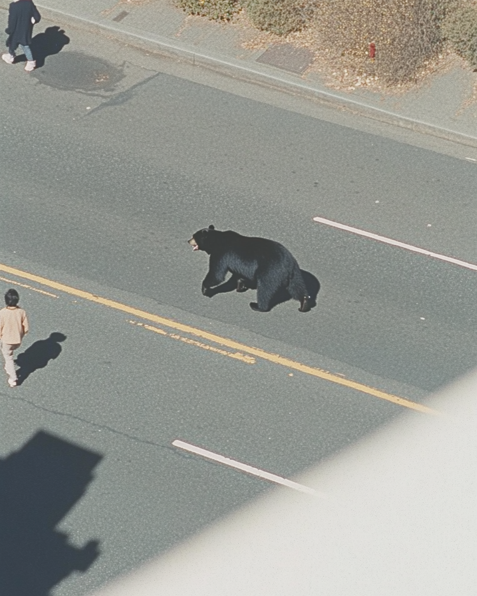 Small child fights bear, people flee, chaos captured.