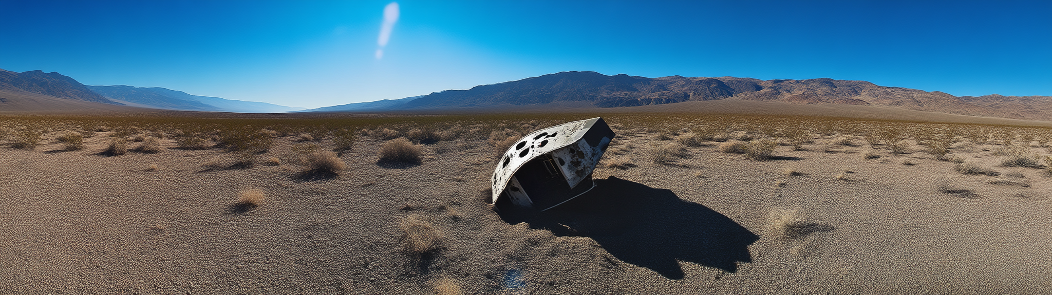 Small crashed satellite in Nevada desert with compression artefacts.