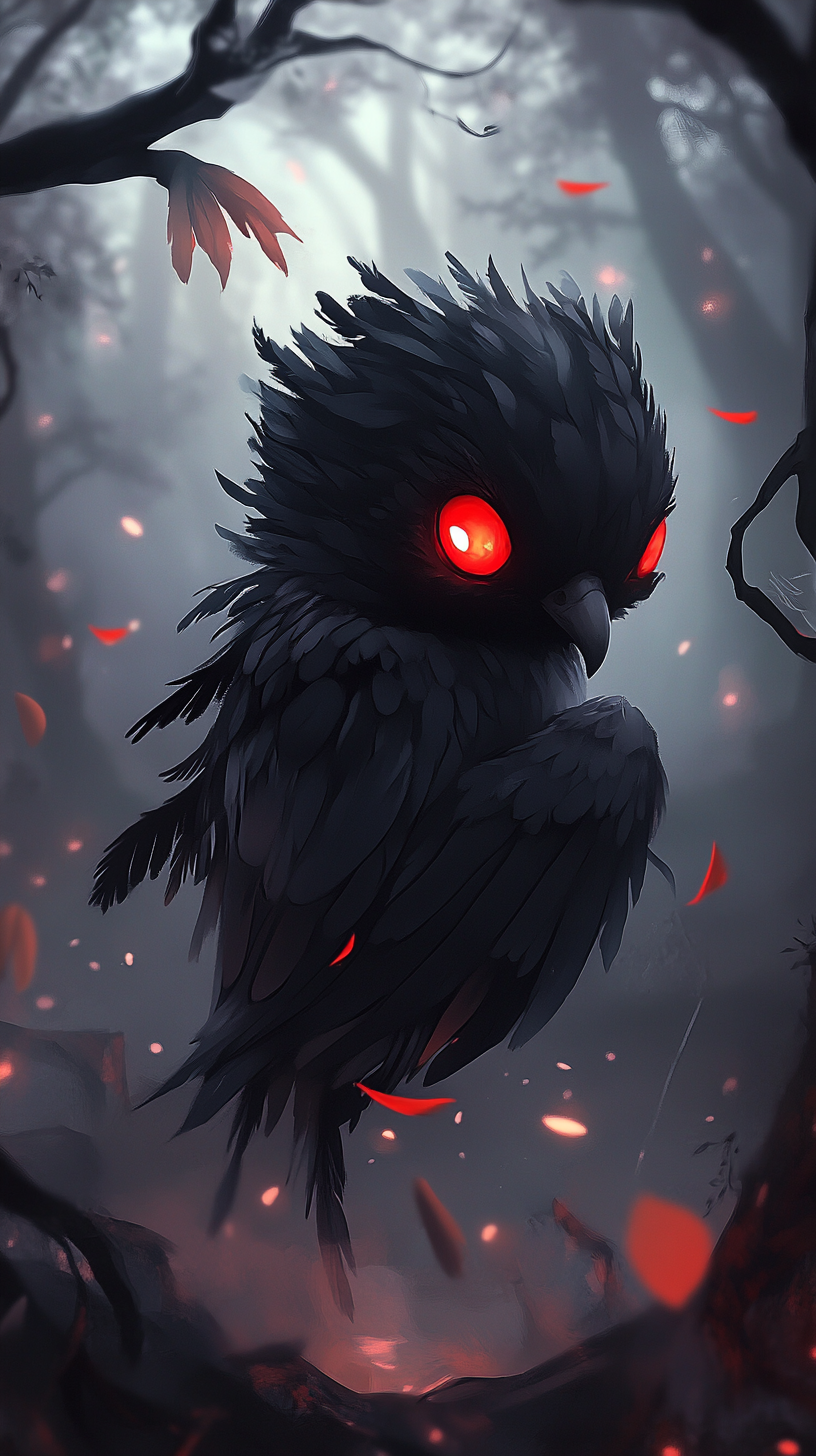 Small dark power bird with glowing red eyes, forest background.