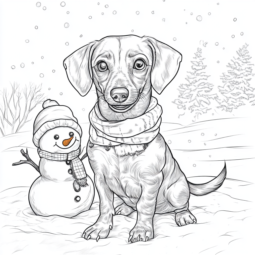 Small dog with snowman on coloring page.