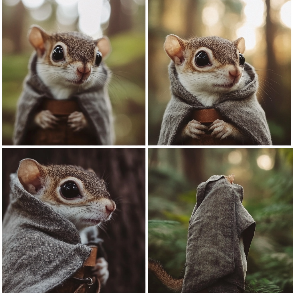 Small flying squirrel in forest wearing cloak. Moody scenes.