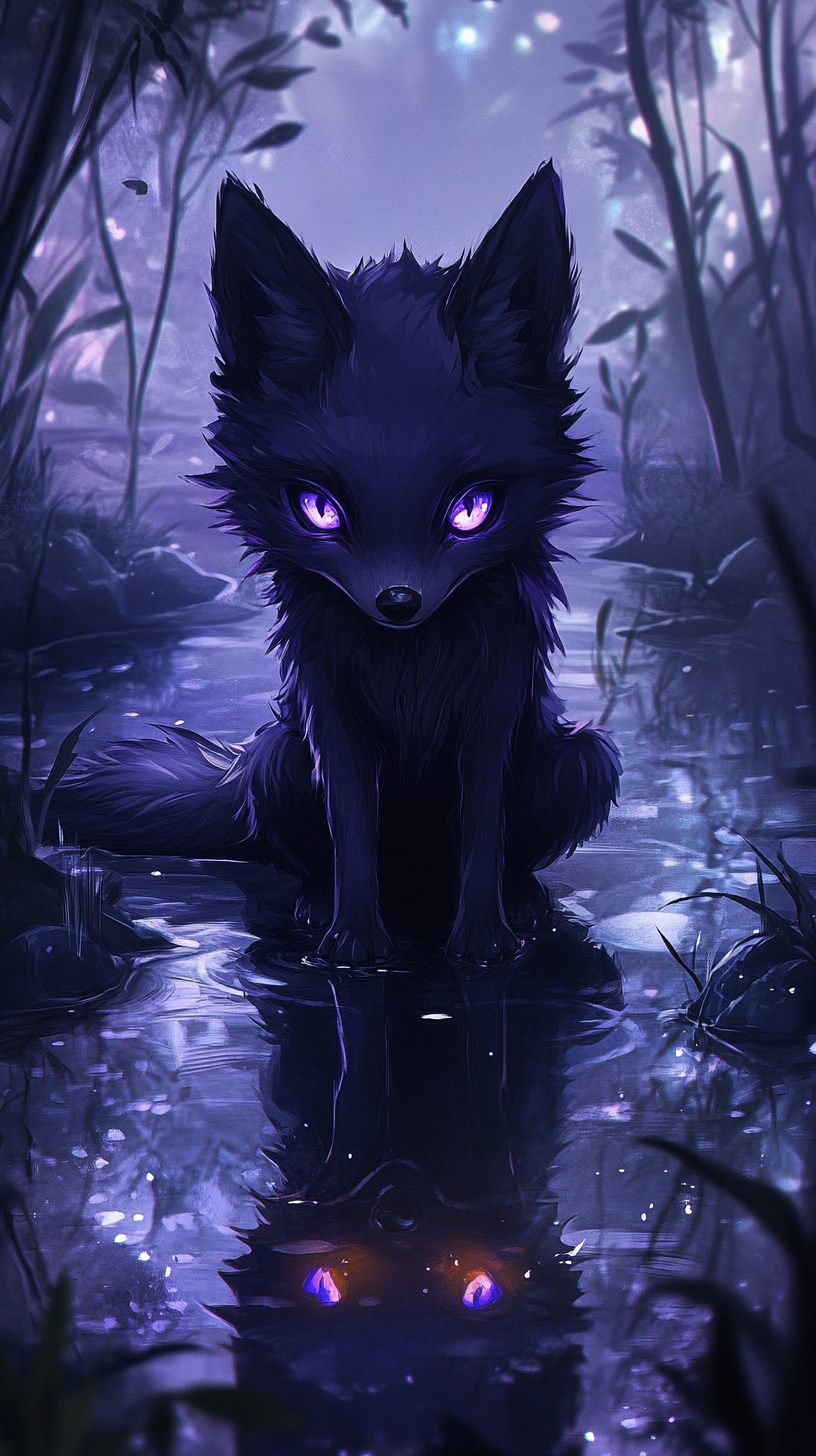 Small fox with dark powers, deep black fur, glowing purple eyes, shadowy aura, starry night background.