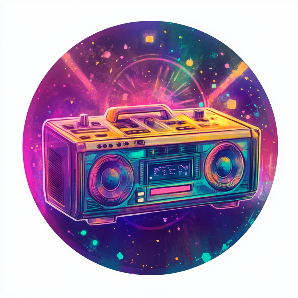 Small gem badge in boombox format, disco fantasy background.