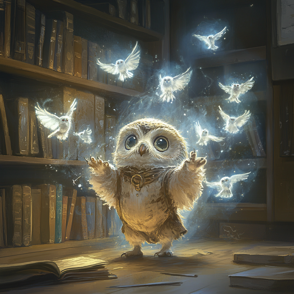 Small happy owlin wizard casting big spell, ethereal owls.