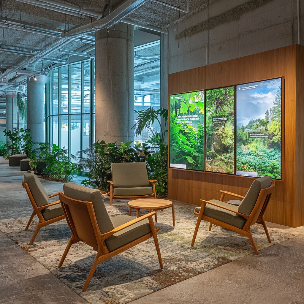 Small lounge with digital displays, Canadian nature themes.