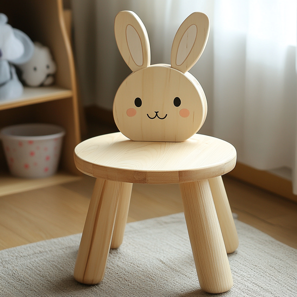 Small round rabbit stool for kids, solid wood, backrest 