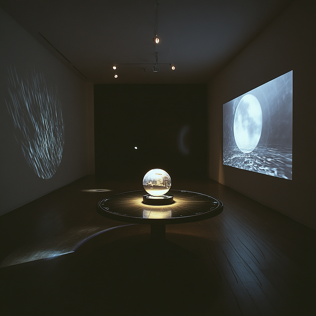 Small round table with films projected on walls.