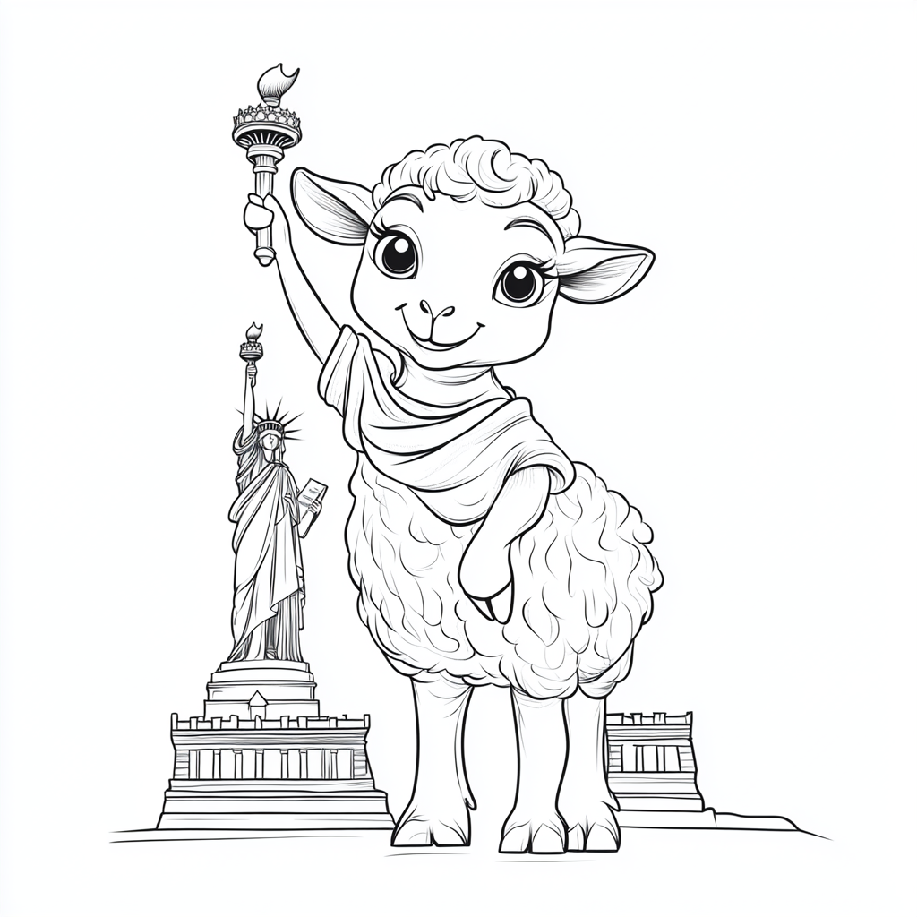 Small sheep with 4 legs smiles at liberty statue.