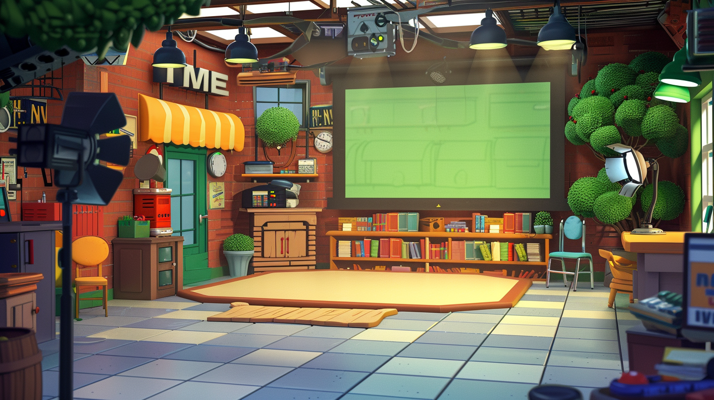 Small-town TV studio, cartoon animated show setting, no people.