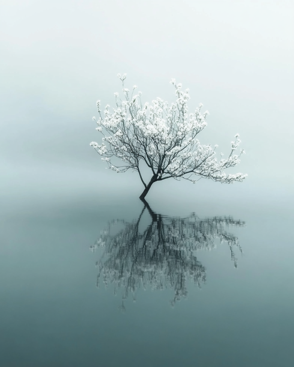 Small tree with white flowers in calm water, foggy sky.