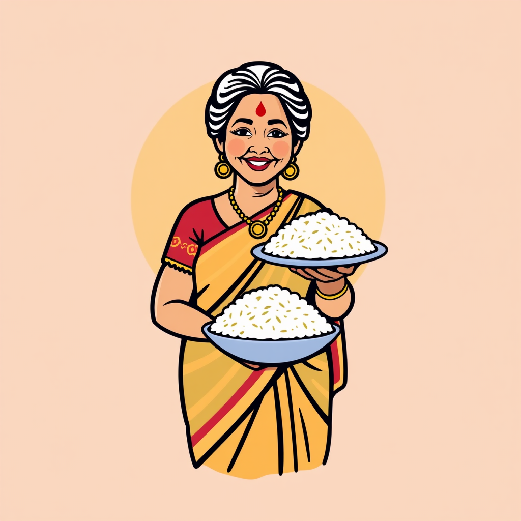 Smart South Indian Grandmother Chef with Rice Plate