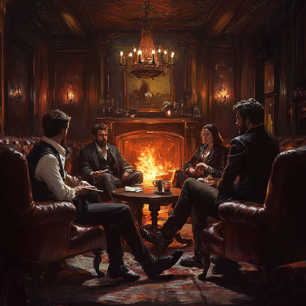 Smartly dressed group in cozy bar after discussion.