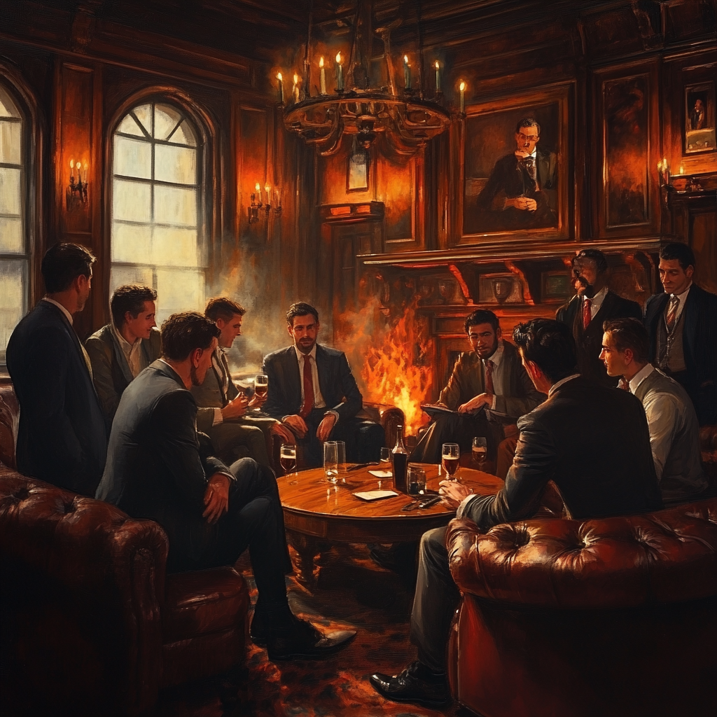 Smartly dressed men and women in cozy bar.