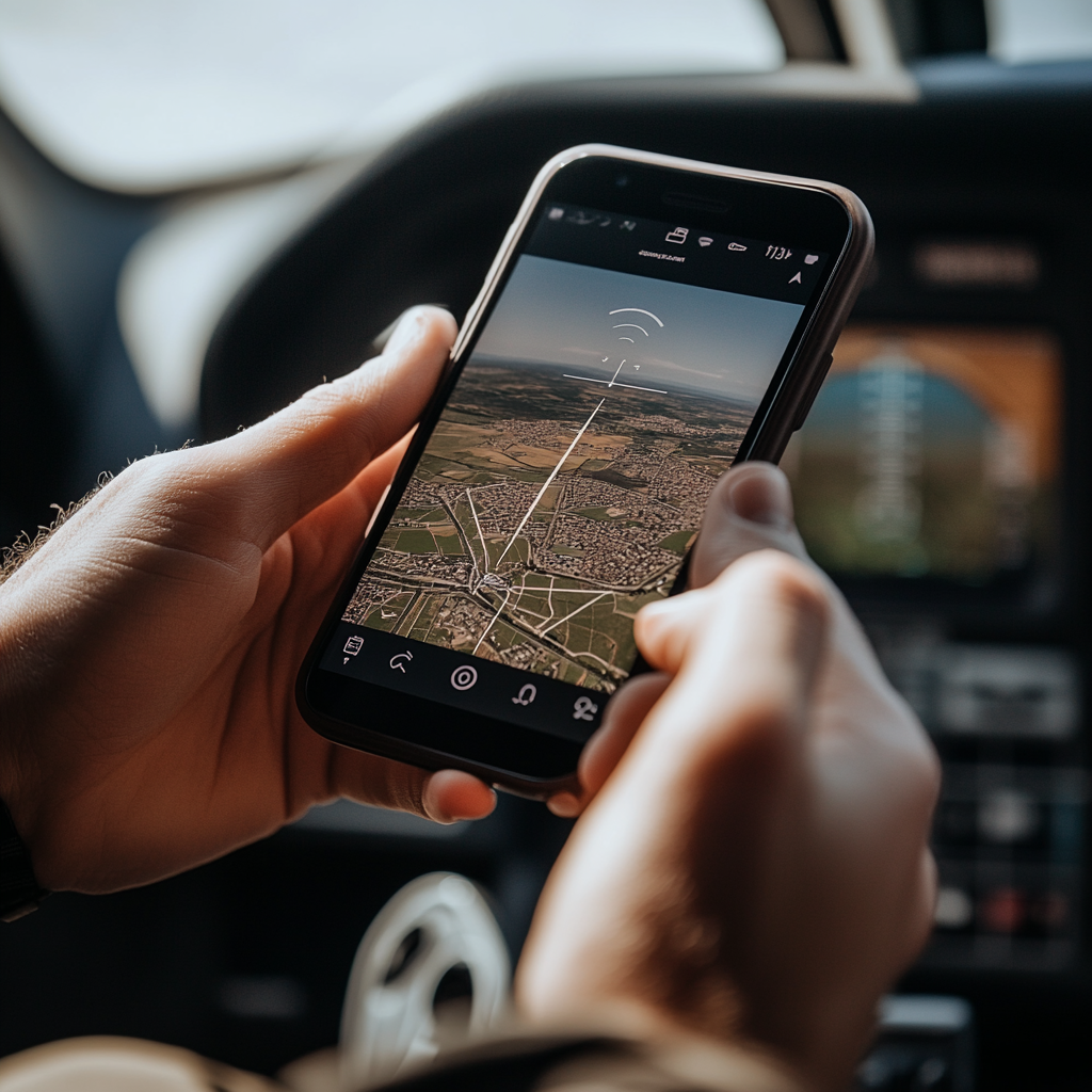 Smartphone controlling airplane through navigation app, showing flight route.