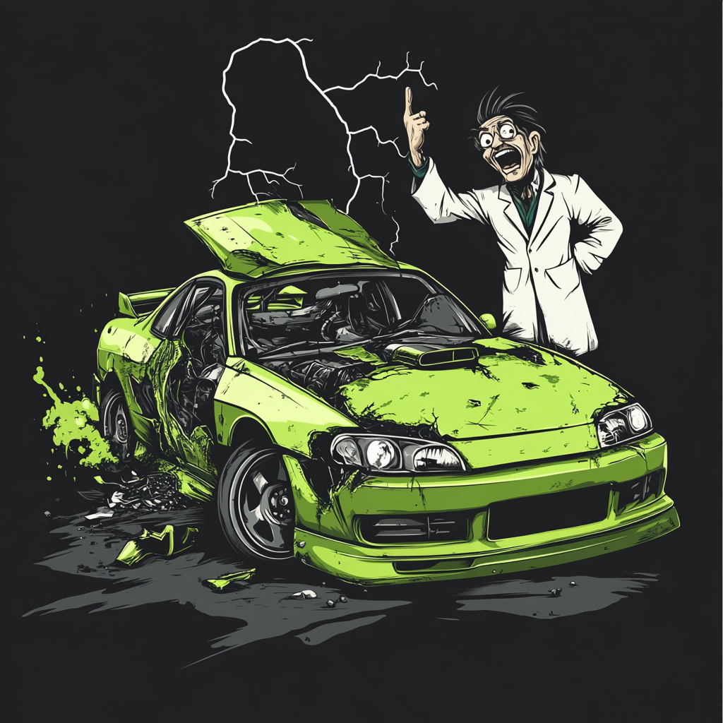 Smashed green Nissan 240sx design, lightning strikes, mad scientist laughing