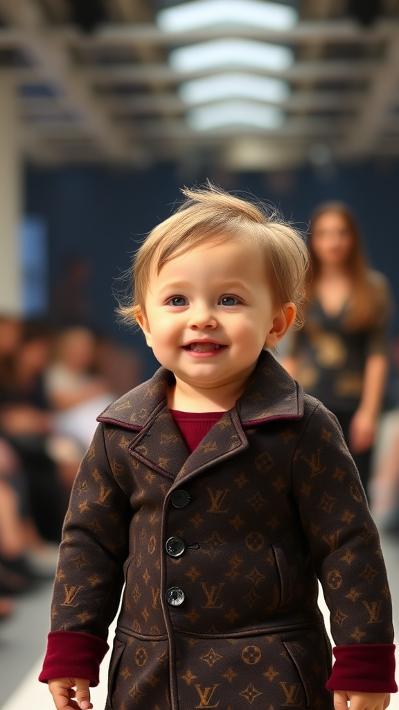 Smiley baby struts down Louis Vuitton runway.