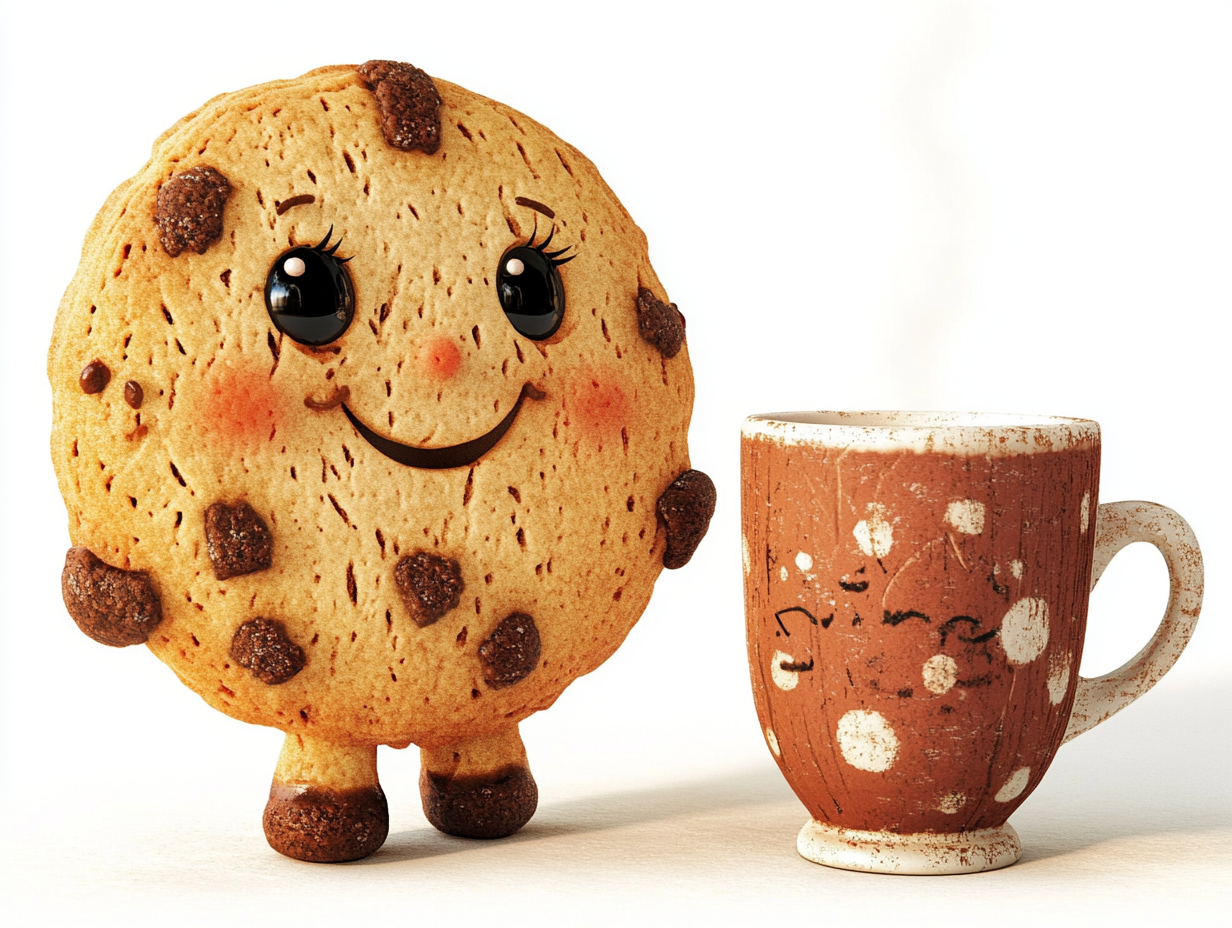 Smiley cookie friend with coffee in 2D warmth.