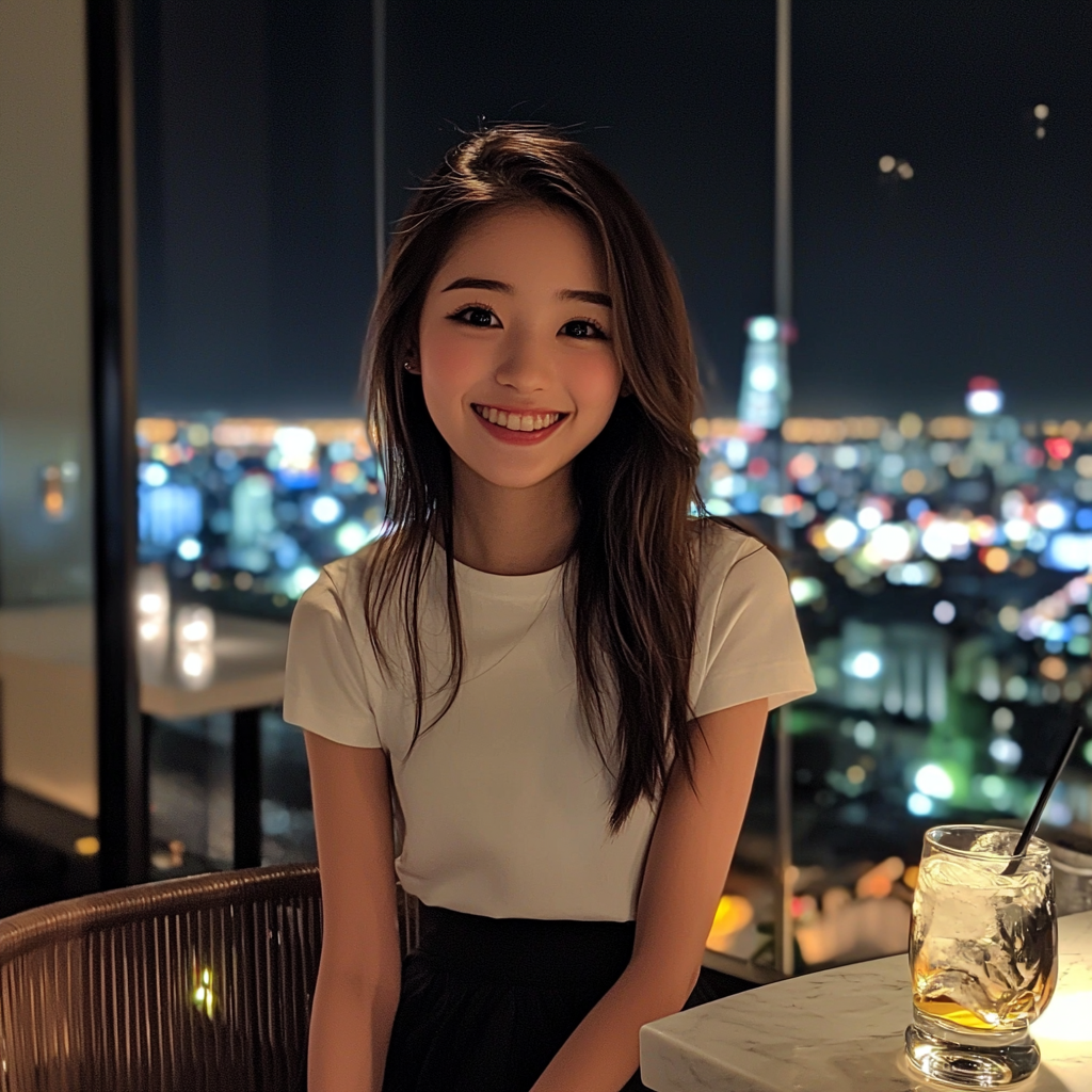 Smiling 17yo with perfect makeup in stylish Osaka café.