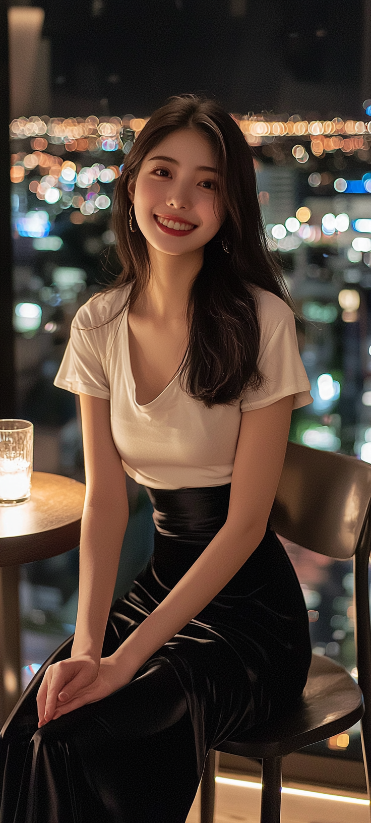 Smiling 20yo Japanese woman in stylish cocktail pose.