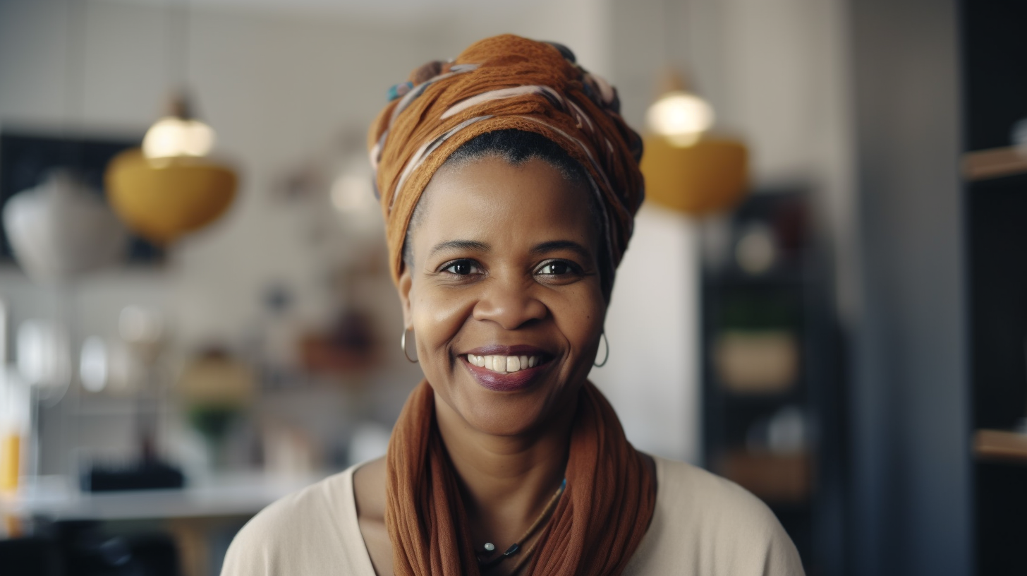 Smiling African woman in new office in South Africa.