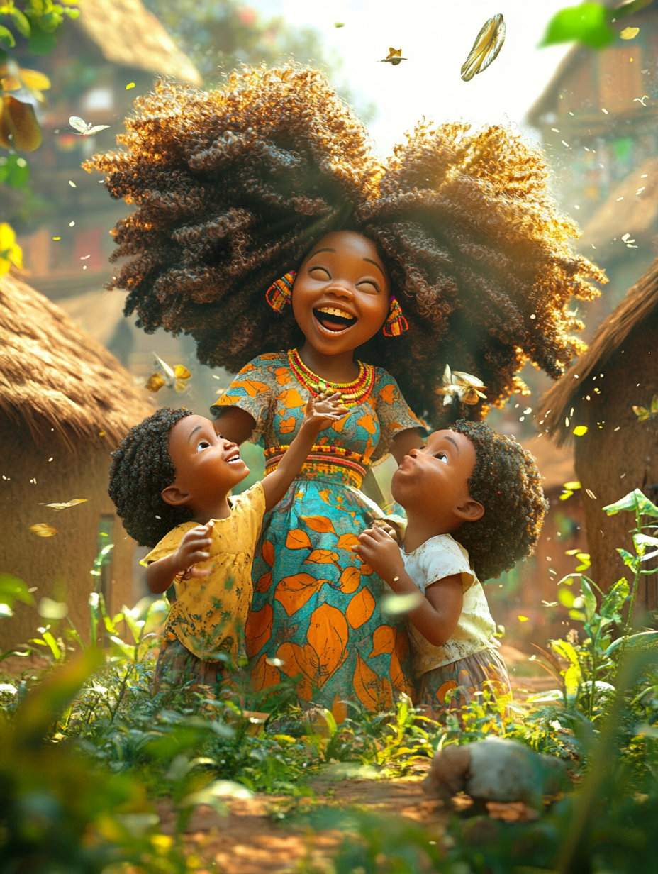 Smiling African woman with large hair plays with kids.