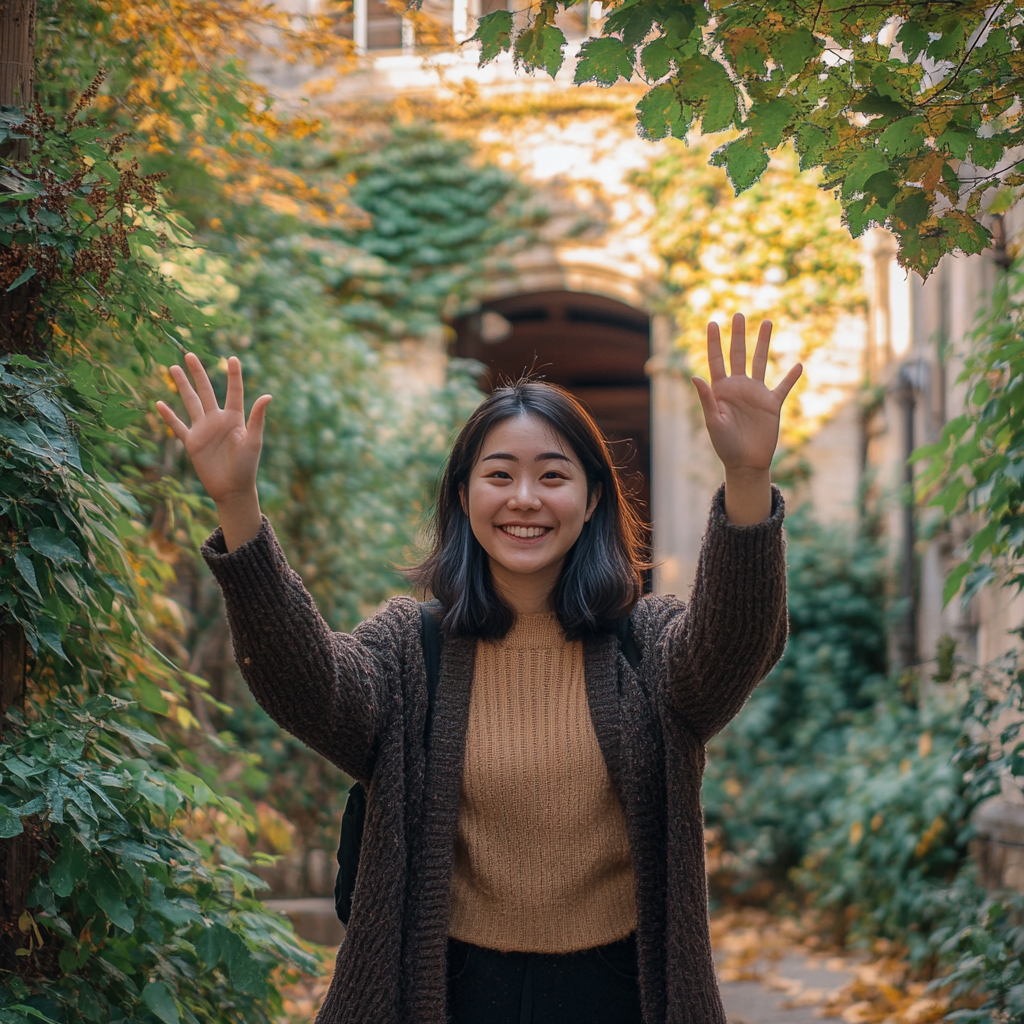 Smiling Asian student with extra fingers in courtyard.