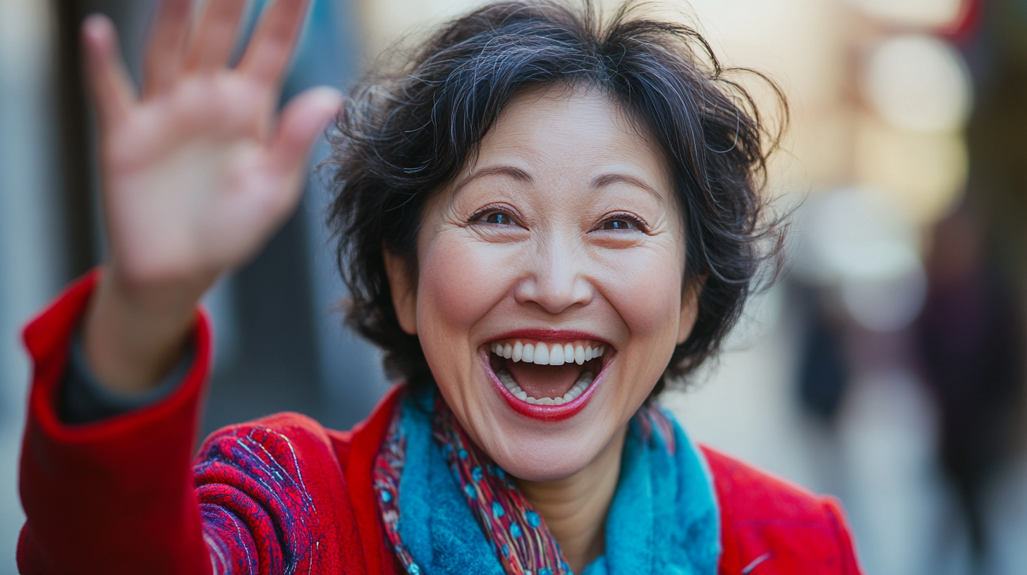 Smiling Asian woman celebrating victory with playful high-five.