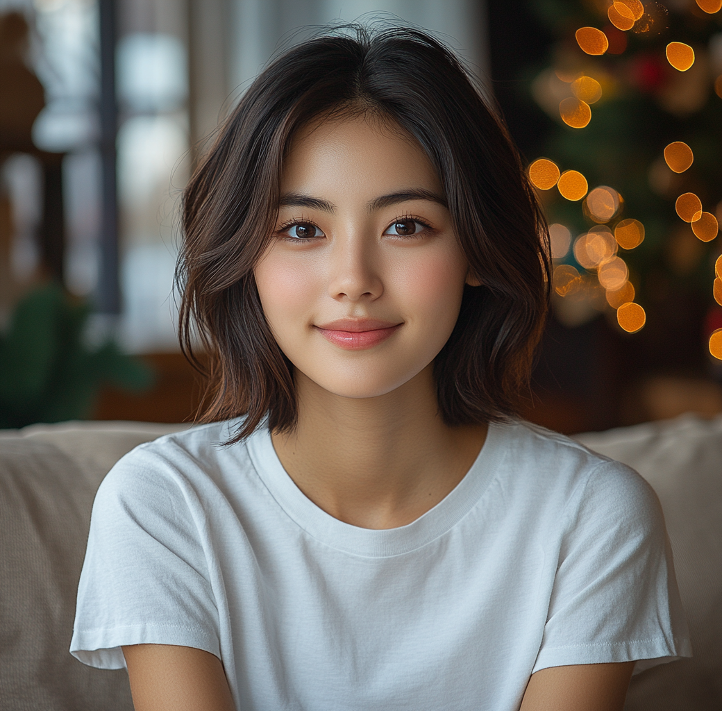 Smiling Asian woman in Christmas living room. White t-shirt.