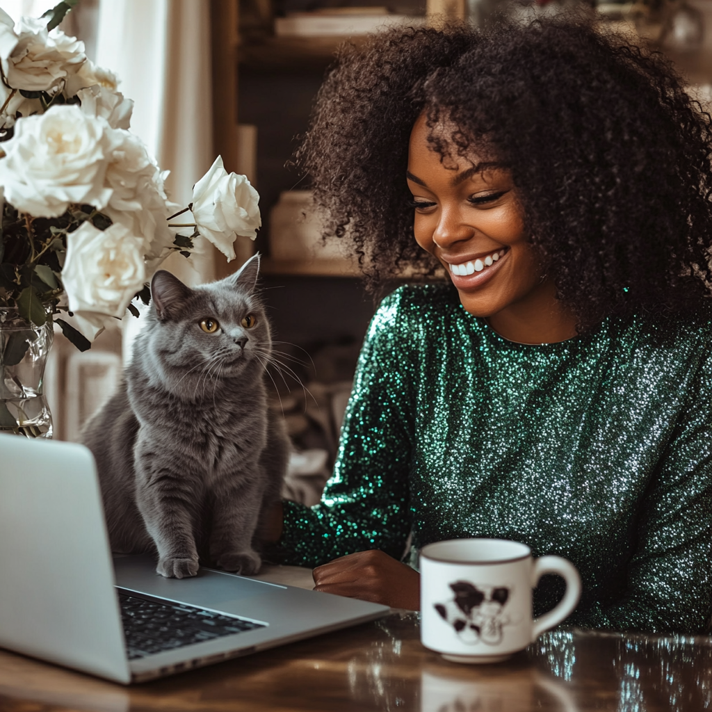 Smiling Black Woman in Green Top with Laptop, Cat and Coffee in Cozy Home Office