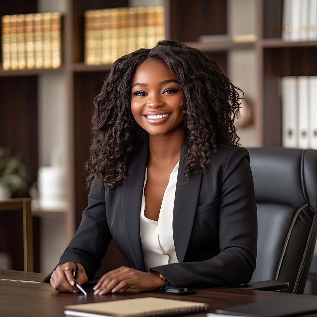 Smiling Black model in business suit at office desk.