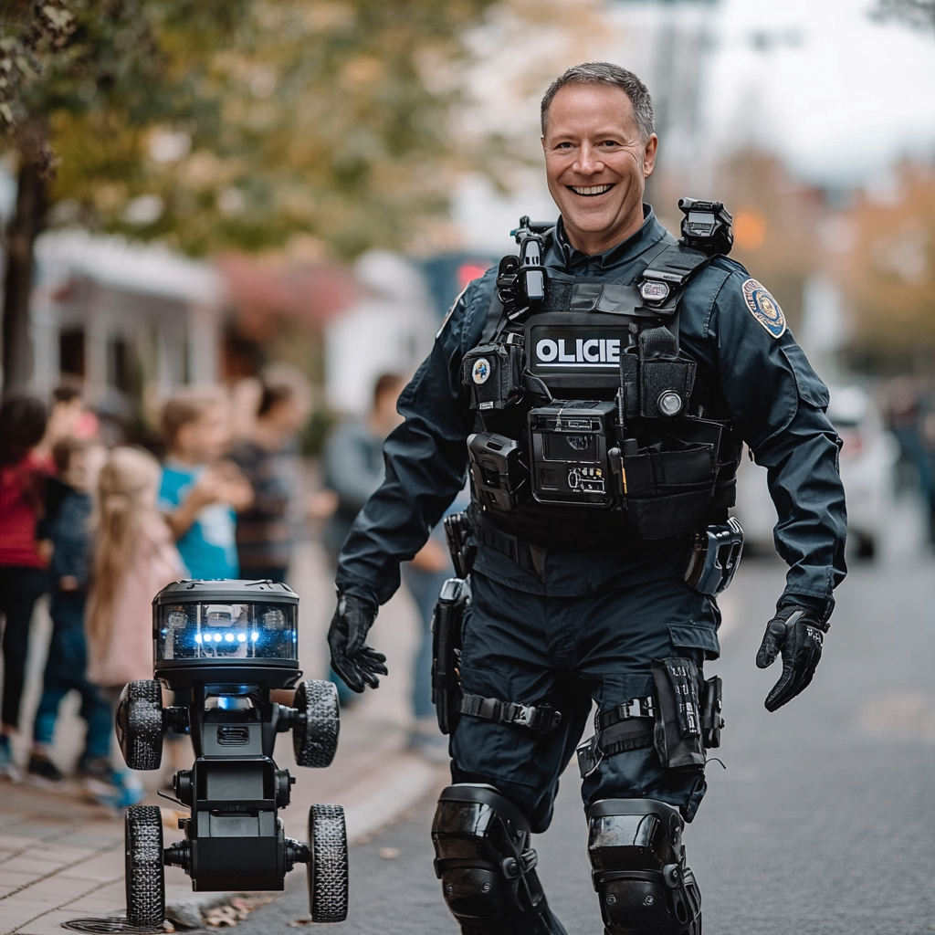 Smiling Canadian Police Officer Patrols City with Walking Robot