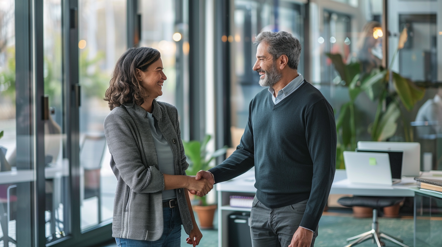 Smiling Couple Shake Hands in Modern Office Setting