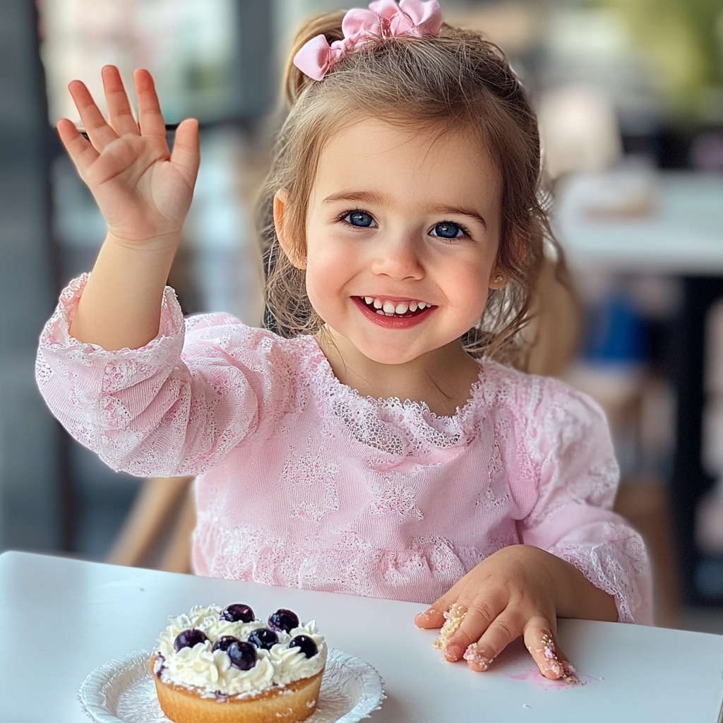 Smiling Girl in Pink Eating Blueberry Friand