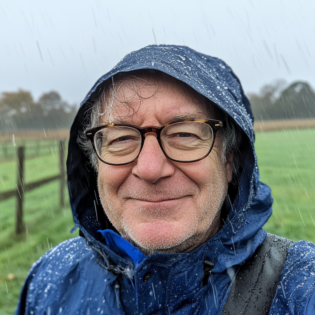 Smiling Grandpa in Rainy English Countryside